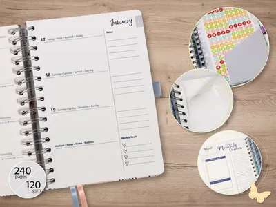 A collage of images showing a planner, stickers, and close-ups of planner pages.