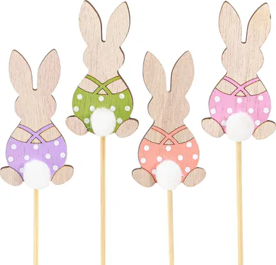 Produktbild von Osterdeko Holz: Bunte Häschen Blumenstecker 6cm 12er Set, 12 Stück