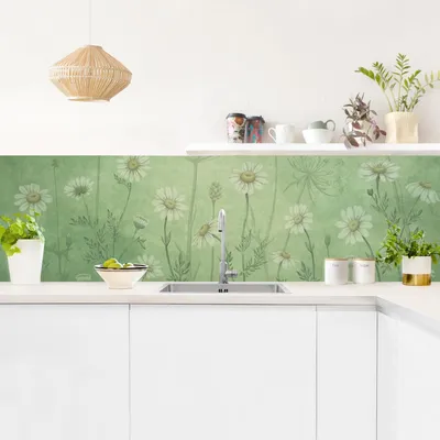 Produktbild von Küchenrückwand Blumen selbstklebend - 0.35 mm Wandpaneel wasserfest Blumenwiese grün Aquarell Spritzschutz fugenlos