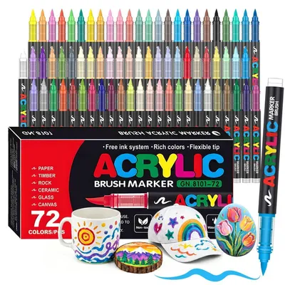 Produktbild von Acrylstifte Set 72 Farben Wasserfest Pinselspitze 1-6 mm Wischfest Wetterfest für Steine Glas Holz Keramik Stoff Leinwand