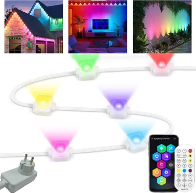 Productafbeelding van LED-lichtgordijn, 15 meter, RGB LED-strip, permanente buitenverlichting, LED-strip met 30 LED's, IP67, afstandsbediening, Bluetooth, geschikt voor feesten, sportevenementen en dagelijks gebruik