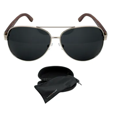 Produktbild von Luxxada Pilotenbrille Polarisiert Schwarz Getönt Echt Holz Bambus Bügel Hochwertige Piloten Sonnenbrille Hardcase