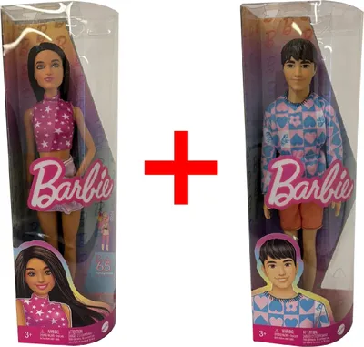 Produktbild von 2er-Set Barbie Fashionistas HRH130 Modepuppe mit Rüschenrock und HRH24 Ken-Puppe mit Langarmhemd Sammelfiguren, Geschenk-Set