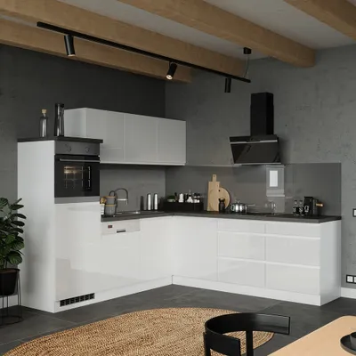 Produktbild von Winkelküche 240/240 cm, inkl. E-Geräte, in Hochglanz weiß, Arbeitsplatte Betonoptik MARSEILLE-03
