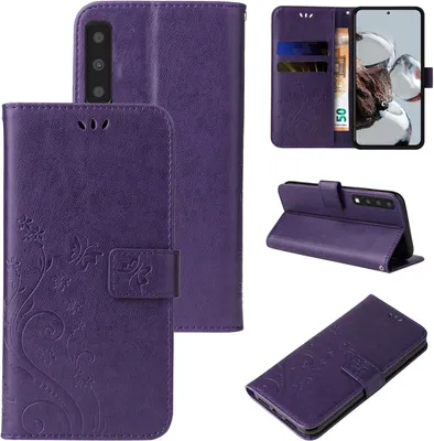 Produktbild von Handyhülle für Samsung Galaxy A7 (2018) Floral Blumen Schmetterling Flip Cover Hülle Case Klapphülle Handytasche Farbe: Violett