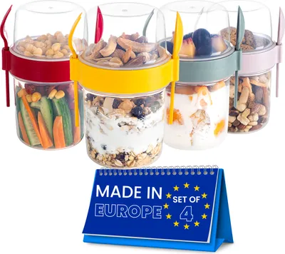 Produktbild von spar-home® Müslibecher To Go 4er Set –  Joghurtbecher To Go mit Löffel und Gabel Müsli To Go Becher 600 ml für Yoghurt Müsli Essen im Unterwegs Büro