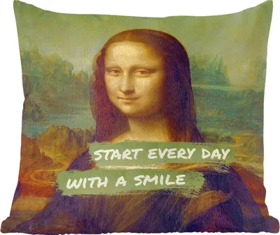 Produktbild von MuchoWow® Zierkissen Sofakissen Wohnzimmer Dekokissen 45x45 cm Mona Lisa - Zitat - Da Vinci - Schlafpolster - Polster für das Sofa