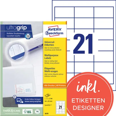 Obrázek produktu pro Avery 3670, Bílá, Papír, Laserová/inkoustová tiskárna, 64 x 36 mm, 2100 kusů