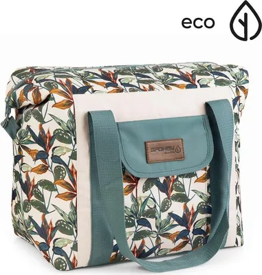A studio shot of a floral patterned cooler bag with handles and a front pocket.