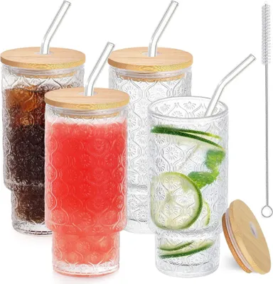 Produktbild von Cocktailglas 4er Cocktailgläser 350ml mit Deckel & Glasstrohhalm – stapelbar
