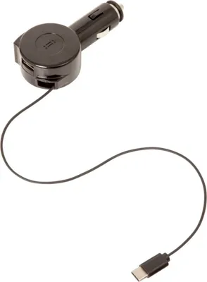Image de Retrak, Chargeur allume-cigare USB pour voiture avec câble rétractable de type C, noir