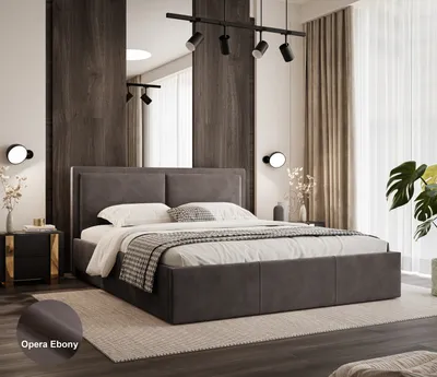 A bedroom scene featuring a bed, nightstand, and decor.
