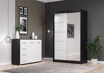 Produktbild von 2er-Set Schwebetürenschrank Schrank Kleiderschrank mit Spiegel Schwarz/Weiß 120cm Neomi 05 mit Kommode 135cm FRIDA 01