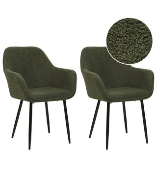BELIANI Sada 2 jídelních židlí tmavě zelená buklé čalounění s područkami černé kovové nohy moderní design