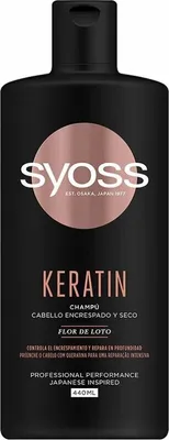 A black bottle of Syoss Keratin shampoo with rose gold branding.