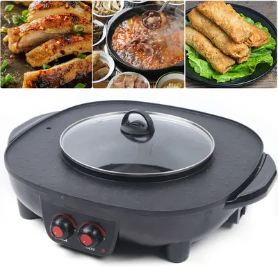 A collage showing food items and an electric hot pot.
