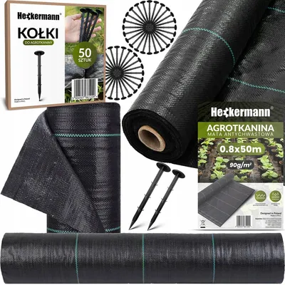 Zdjęcie produktu dla Zestaw Agrotkanina Heckermann 0,8x50m 90g/m2 Czarna + Kołki czarne 50 szt