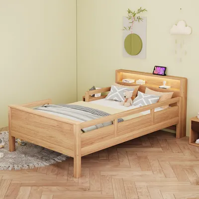Produktbild von STILVORA Hochbett 90x200 mit LED-Leucht,Kinderbett mit Sicherheitsgeländer und Ablage-Kopfteil,Jugendbett mit USB&TYPE-C,ohne Matratze,Natur
