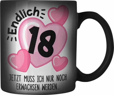 Produktbild von Trendation - 18. Geburtstag Farbwechsel Zauber-Tasse Geschenk Mädchen Geschenkidee Lustig Spruch 18 Geschenke Geschenkideen zum 18 Bday 18er (Schwarz)
