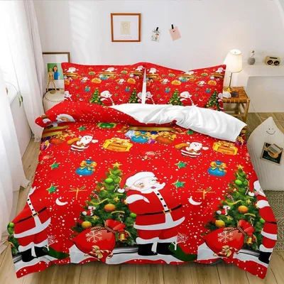 Productafbeelding van Beddengoedset 200x200 cm, 3D microvezel, kerstmotief van de Kerstman, rood, inclusief 2 kussenslopen van 80x80 cm