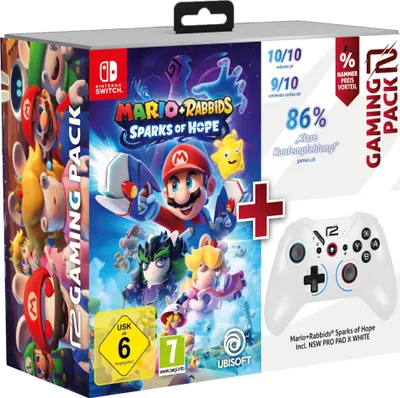 A product box for a Nintendo Switch game bundle, featuring Mario + Rabbids Sparks of Hope and a white controller.