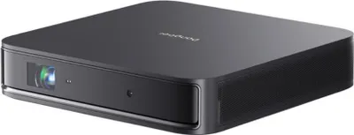 A black compact smart laser projector is shown from a three-quarter angle on a white background.
