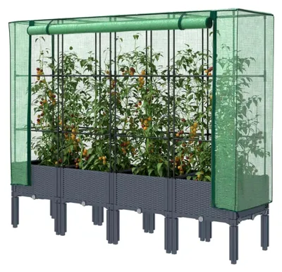 Produktbild von Hochbeet mit Gewächshausabdeckung in Rattanoptik 160x40x140cm