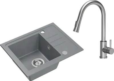 Immagine prodotto di VBChome Lavello Granito Grigio con Rubinetto 55 x 44 cm Lavello da Incasso a Vasca Singola Specchiato Reversibile Lavello Sifone Rubinetto Inox
