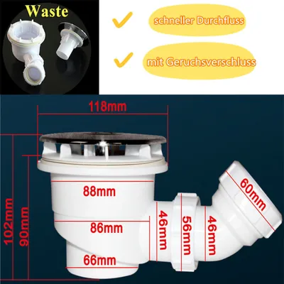 A collage showing a bathroom drain and its dimensions, with German text describing its features.