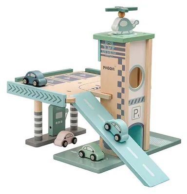 Image de Garage en station-service en bois, de couleur pastel, avec ascenseur