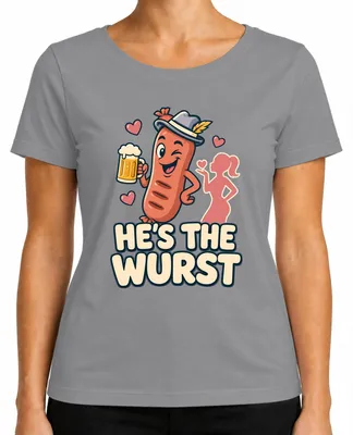 Zdjęcie produktu dla To jest koszulka damska "Wurst Bratwurst Bier Tracht", wykonana z materiału przypominającego tradycyjny strój bawarski, w kolorze szarym, rozmiar L