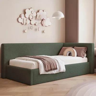 Produktbild von Eckbett Jugendbett Sampre 90x200 cm Dunkelgrün Rechts Plüsch – Bettkasten, Metalllattenrost