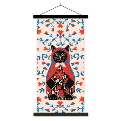Produktbild von MuchoWow® Textilposter Matrjoschka - Blumen - Katze 40x80 cm mit schwarzem Rahmen - Wandemalerei