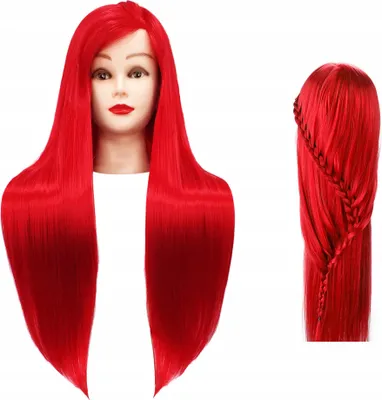 Obrázek produktu pro Tréninková hlava Iza 60 cm red, termální vlasy + stojan, kadeřnická na česání, hlava na cvičení