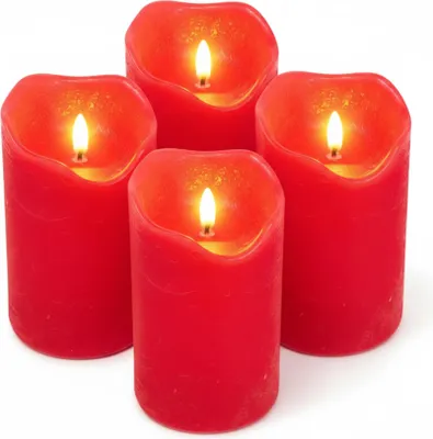 Four red LED candles with lit flames on a white background.
