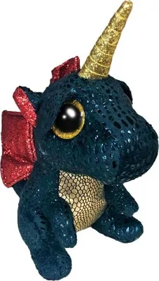 A plush toy dragon with a unicorn horn.