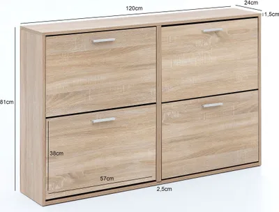 A shoe cabinet with four flip-down compartments, shown from the front with dimensions indicated.