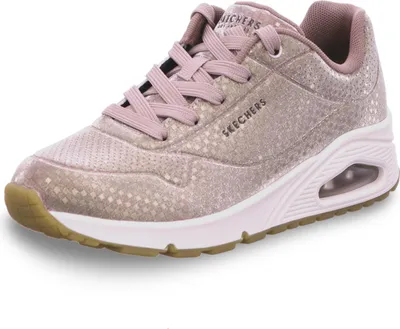 A single pink Skechers sneaker is shown against a white background.