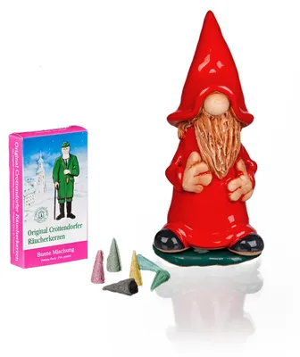 Produktbild von Crottendorfer - Set Räucherfigur Keramik Wichtel (Rot) & Räucherkerzen Bunte Mischung Größe M (Standard) - 3701