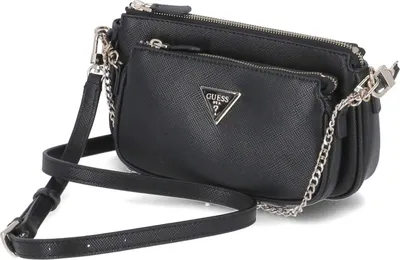 A black Guess handbag with a silver logo is shown against a white background.