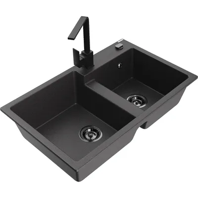 Obrázek produktu pro Mexen Tomas 2-miskový granitový dřez s kuchyňskou baterií Rita, Skvrnitá černá - 6516-76-670300-70-B