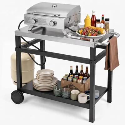 Immagine prodotto di KOMFOTTEU: Tavolo da barbecue e carrello di servizio con piano in acciaio inossidabile, dimensioni 90 x 59 x 81 cm