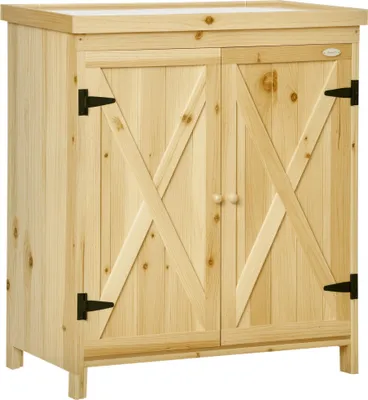 Image de Outsunny Armoire de jardin, armoire de rangement de jardin, avec plateau en métal galvanisé étagère double porte avec poignée pieds surélevés en bois massif 80 x 45 x 92 cm bois naturel