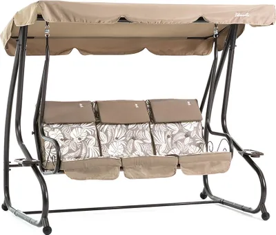 Immagine prodotto di Altalena da giardino a 3 posti, regolabile con tetto reclinabile, cuscini da 7 cm e tasche laterali - robusta struttura in metallo, design moderno e comfort extra per giardino, patio e balcone - MIZAR - Bronze Tropicana