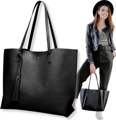 Produktbild von Damen Shopper Tasche, schwarz, groß, geräumig, Leder, Schule, Arbeit, universell