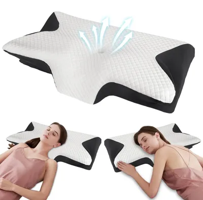 Obrázek produktu pro Polštář na podporu krční páteře, ergonomický design, pohodlí díky paměťové pěny, bílá a černá barva