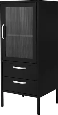 A black metal cabinet with a glass door and two drawers, shown against a white background.