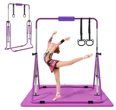 Immagine prodotto di Sbarra da ginnastica VEVOR per bambini, con capacità di carico di 63,5 kg, sbarra pieghevole con tappetino, sbarra regolabile in altezza per allenamento indoor e outdoor, attrezzo per l'allenamento domestico di ginnastica per bambini, colore lilla