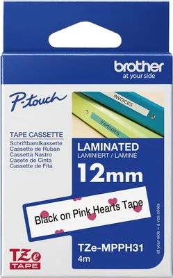 Produktbild von Brother TZe-MPPH31 - Schwarz auf rosafarbenen Herzen - Rolle (1,2 cm x 4 m) 1 Kassette(n) laminiertes Band - für Brother PT-H110, P-Touch PT-H105, H110, P-Touch Cube PT-P300, P-Touch Embellish PT-D215