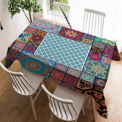 Immagine prodotto di Tovaglia con motivo geometrico marocchino, design mandala, 140 x 220 cm, in poliestere con aspetto simile al lino, lavabile